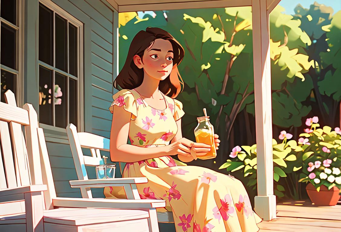 Young woman sitting on a porch, sipping sweet tea from a mason jar, wearing a flowery sundress, Southern country setting..