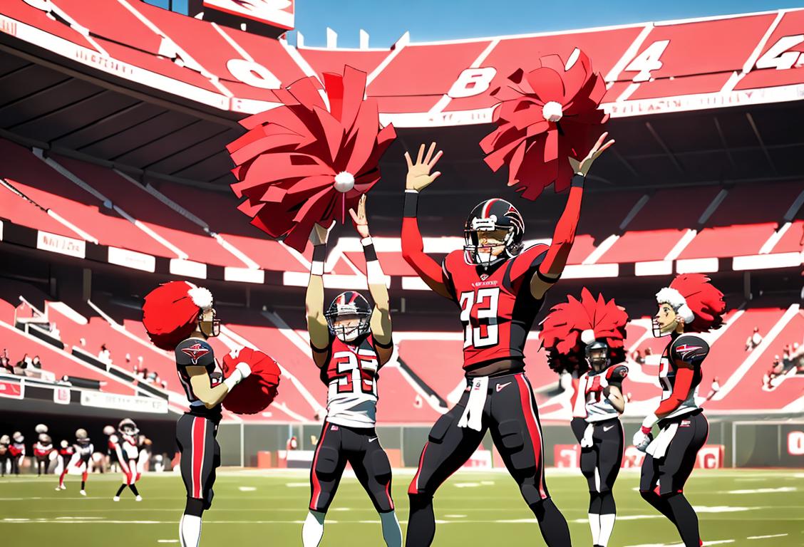 Excited fans wearing Atlanta Falcons jerseys and waving pom-poms, in a lively football stadium..