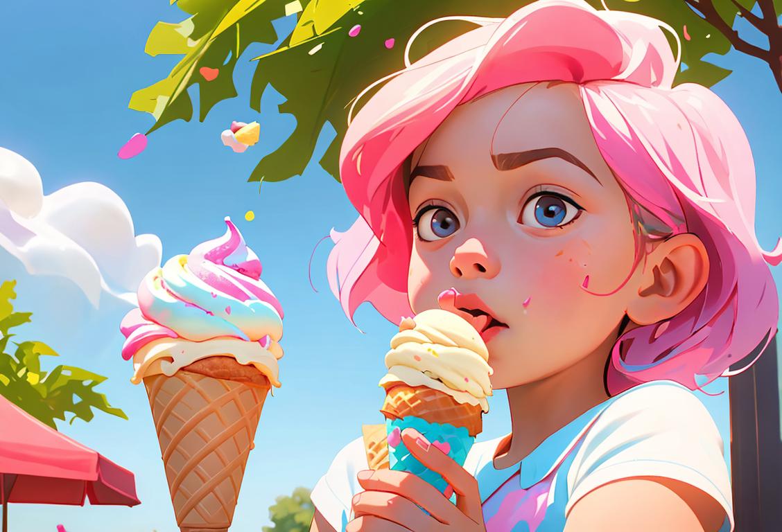 Young child licking a colorful ice cream cone with sprinkles, dressed in summer attire, enjoying a sunny park scene..