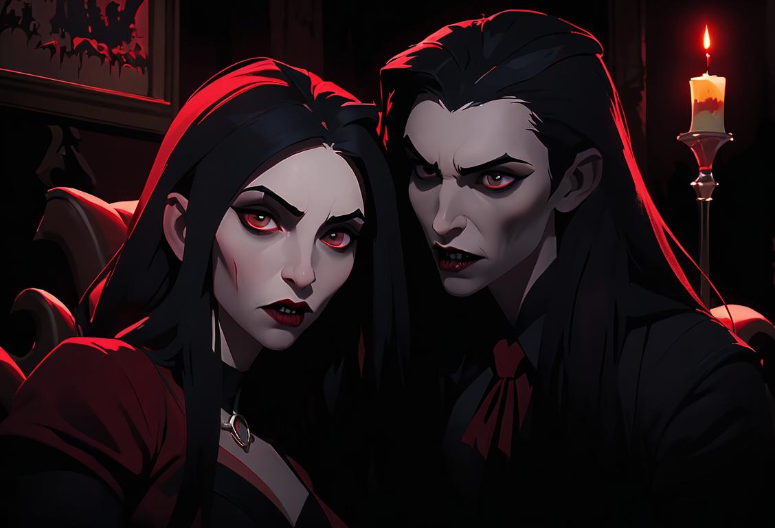 A vampire-themed costume party with blood-red beverages. Dark, Gothic fashion styles with a touch of mystery. A nocturnal cityscape with hints of Eastern European folklore. An image that captures the allure and fascination of vampires in pop culture..