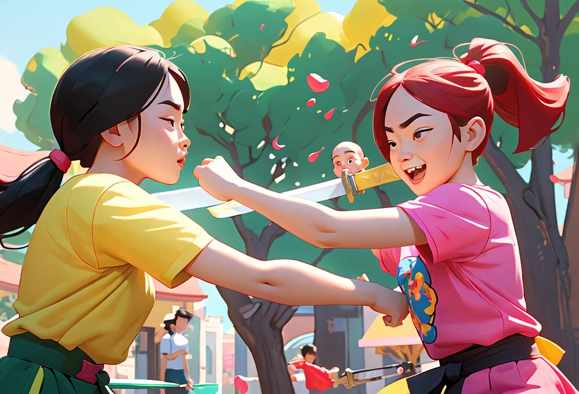 A happy family wearing matching t-shirts, playfully fighting with colorful foam swords on a sunny park. Serene setting..