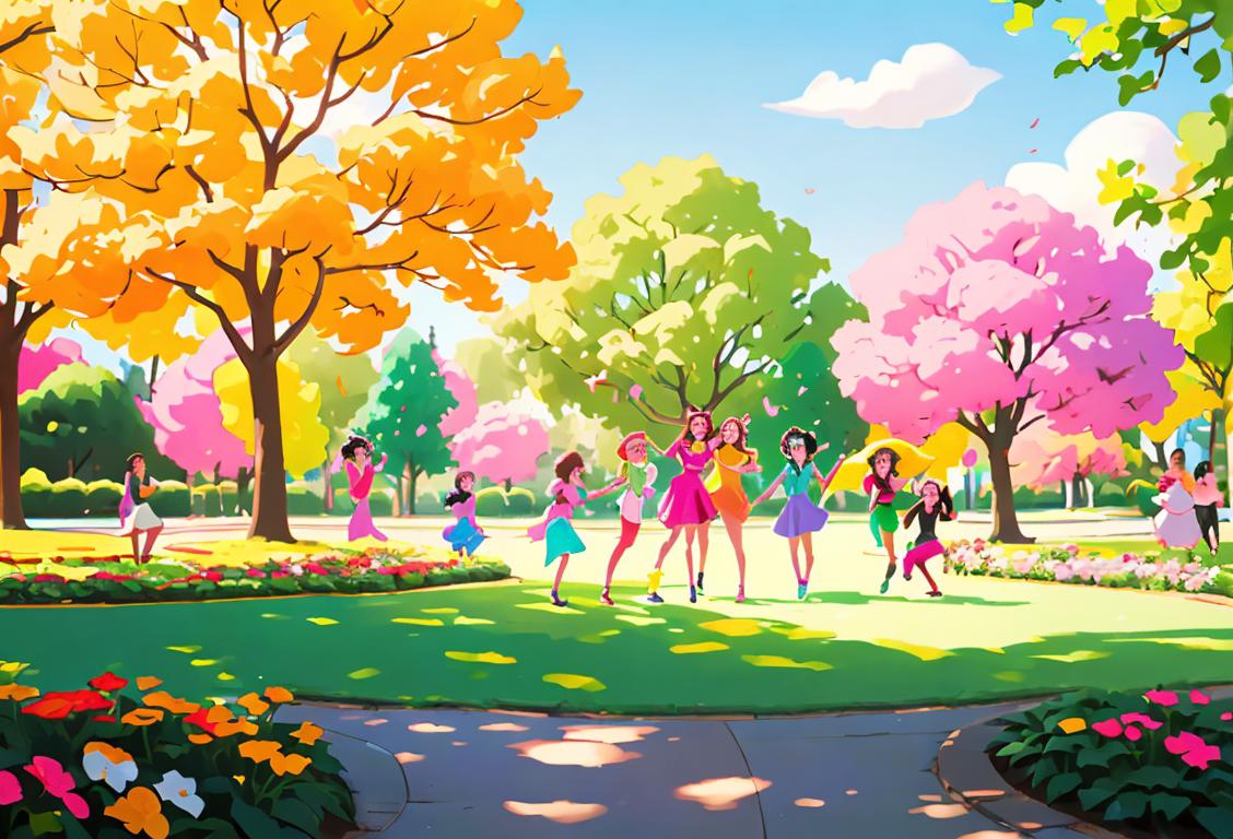 A joyful group of friends laughing together, all wearing colorful and trendy outfits, seemingly ignoring a person named Stephanie. They are standing in a lively and vibrant park setting, surrounded by beautiful flowers and trees..
