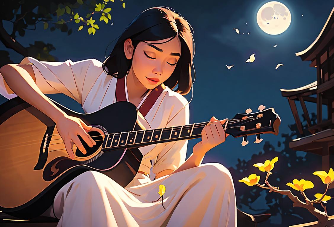A person with a guitar, dressed in a traditional Filipino outfit, serenading someone under the moonlight..
