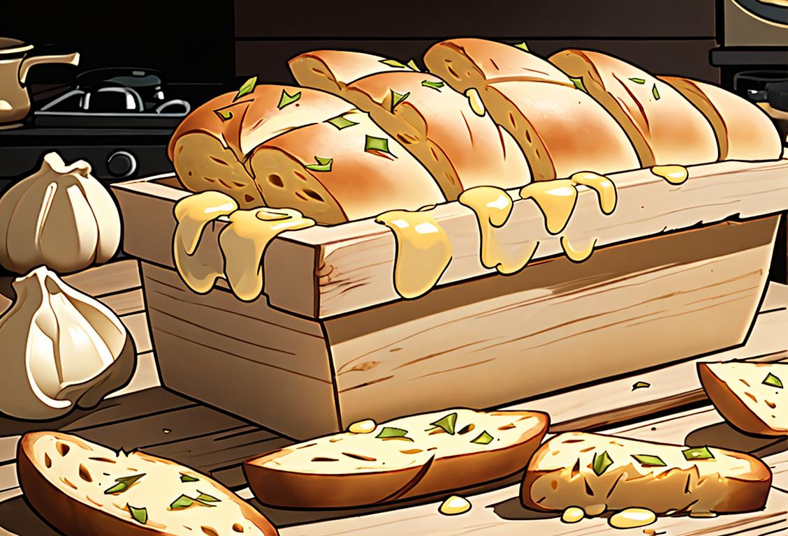 A close-up of a golden loaf of garlic bread, topped with melted butter and freshly chopped garlic, on a rustic wooden table in a cozy kitchen..