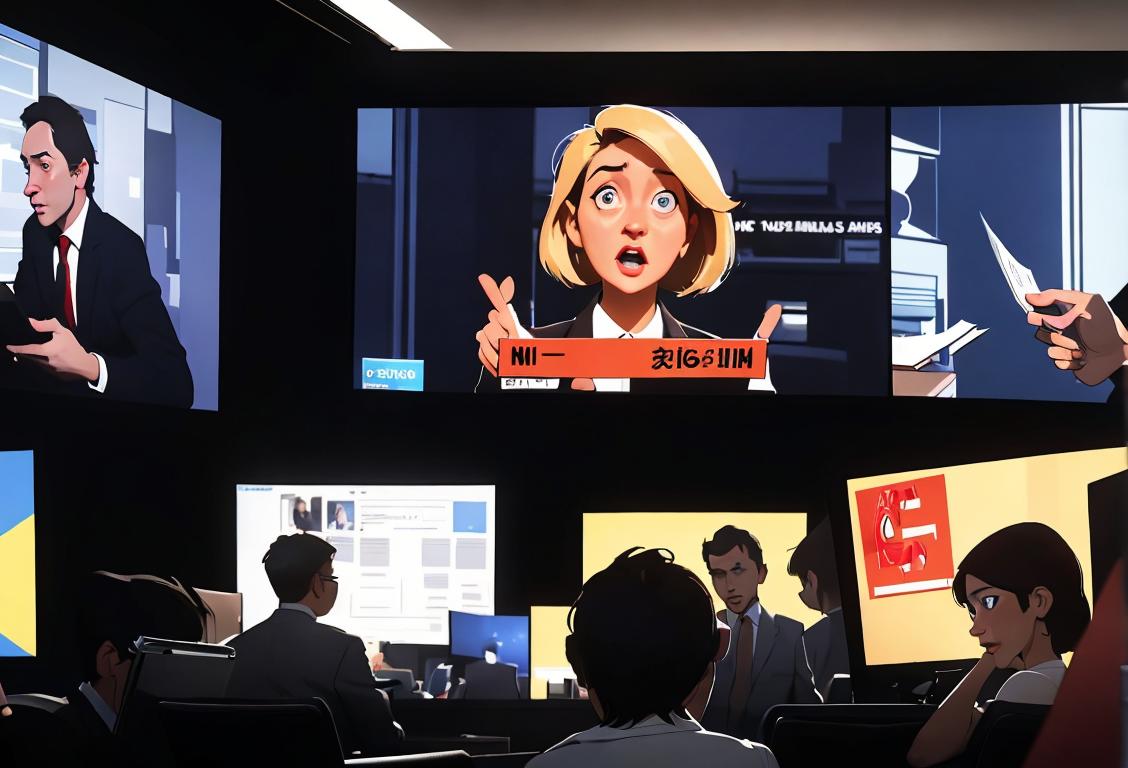 A diverse group of journalists reporting breaking news, dressed in professional attire, in a bustling city newsroom with screens showing headlines from around the world..