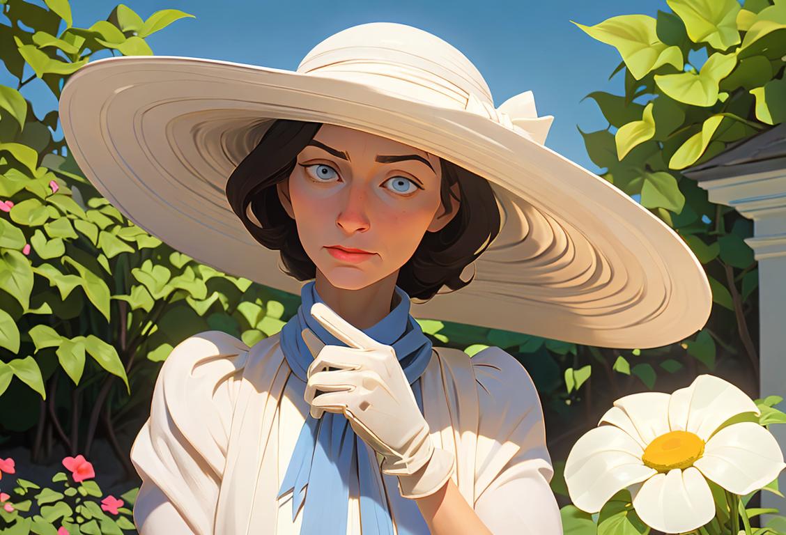 A person holding a bag of diatomaceous earth by a garden, wearing garden gloves and a sun hat..