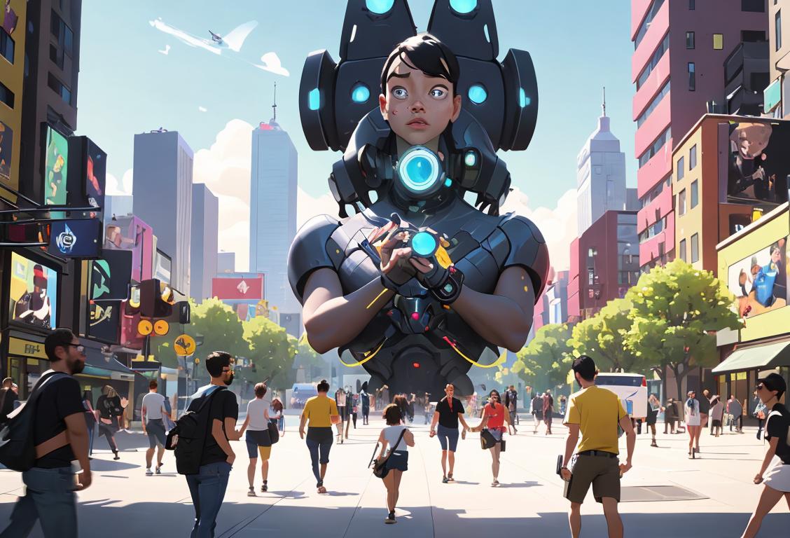 A group of diverse individuals wearing technology-themed t-shirts, surrounded by futuristic gadgets, in a bustling city setting..