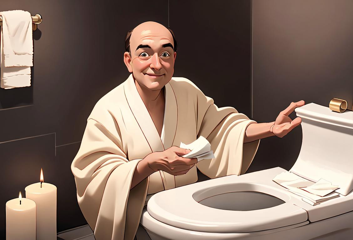 Happy person pulling toilet paper from a roll, wearing a cozy robe, bathroom setting with plush towels and candles..