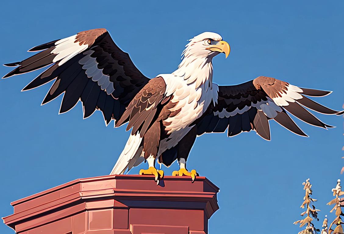Majestic bald eagle perched on a tall tree, spreading its impressive wings against a vibrant blue sky..