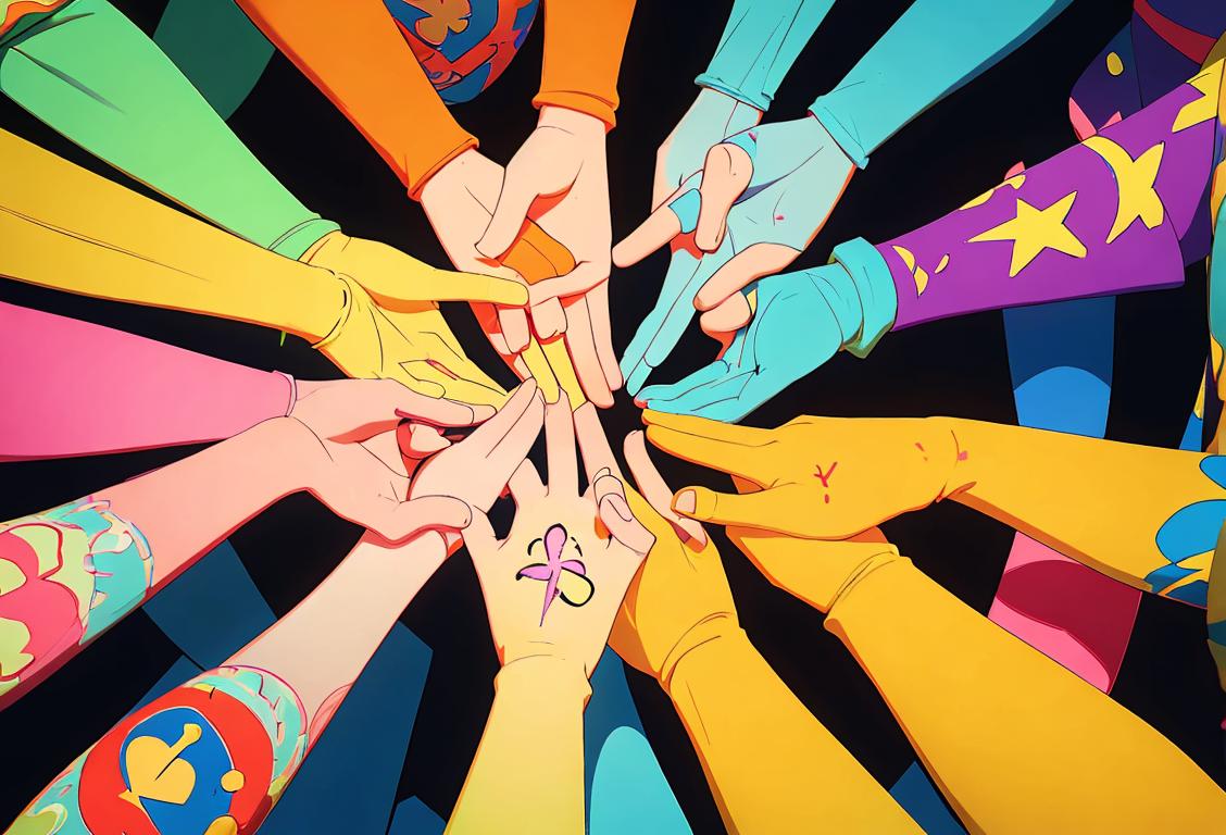 A diverse group of people holding hands, dressed in bright colors, surrounded by uplifting messages and symbols of hope..