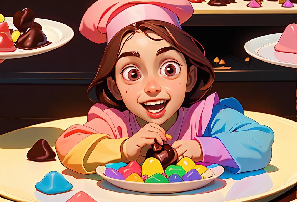 A joyful child holding a tray of colorful chocolate candies, wearing a chef hat, surrounded by a candy wonderland..