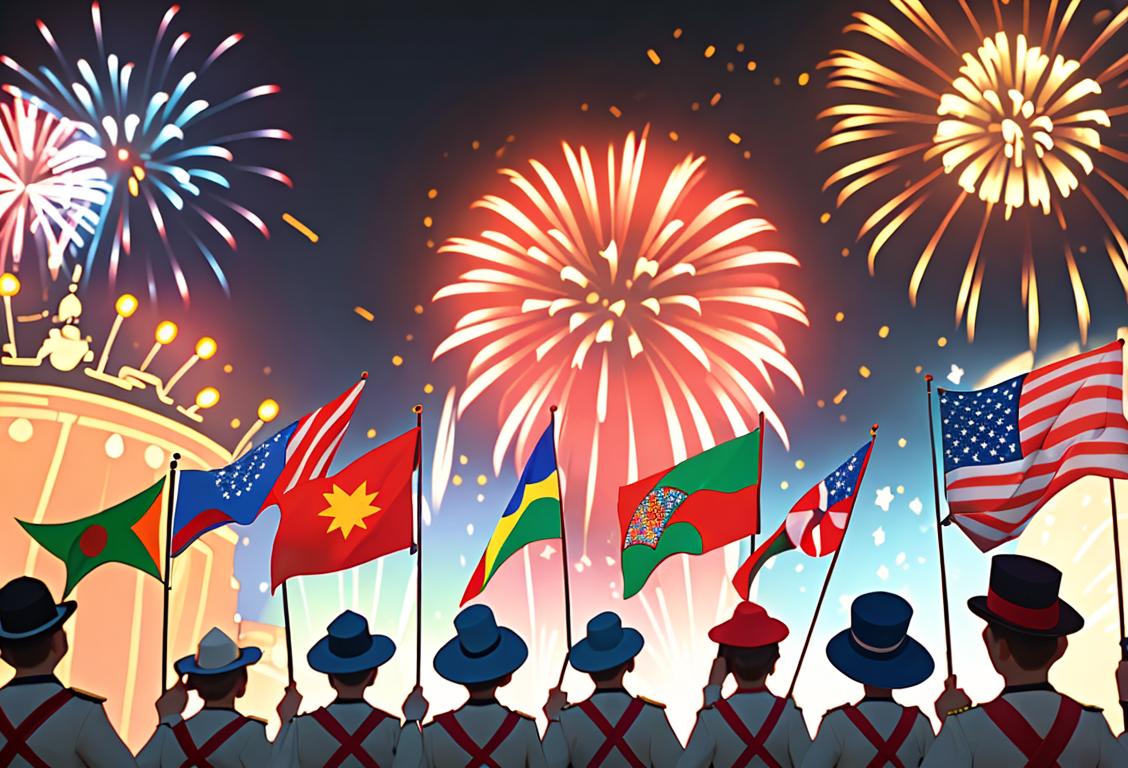 Colorful image of a diverse group of people waving national flags, dressed in traditional clothing, against a backdrop of fireworks and patriotic decorations..