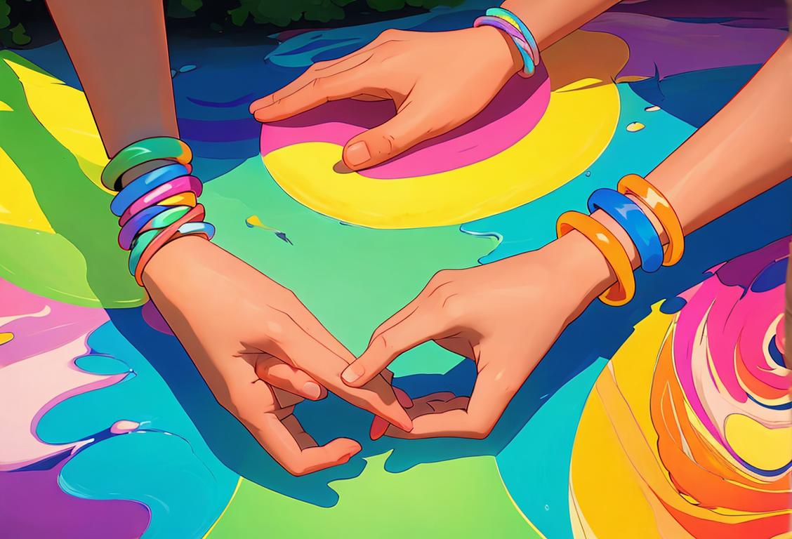 A group of diverse individuals holding hands, wearing colorful bracelets, in a serene natural setting..