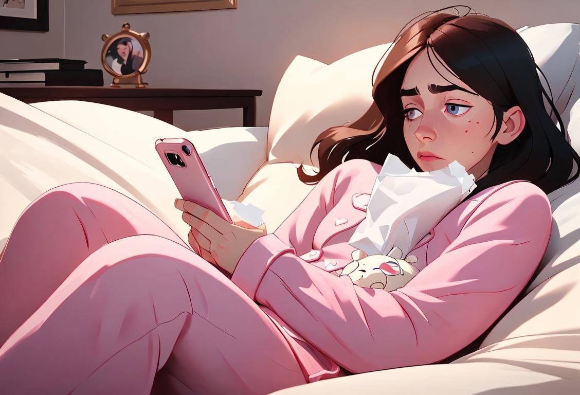 A person with a broken heart playlist on their phone, wearing cozy pajamas, surrounded by tissues and a cozy blanket..