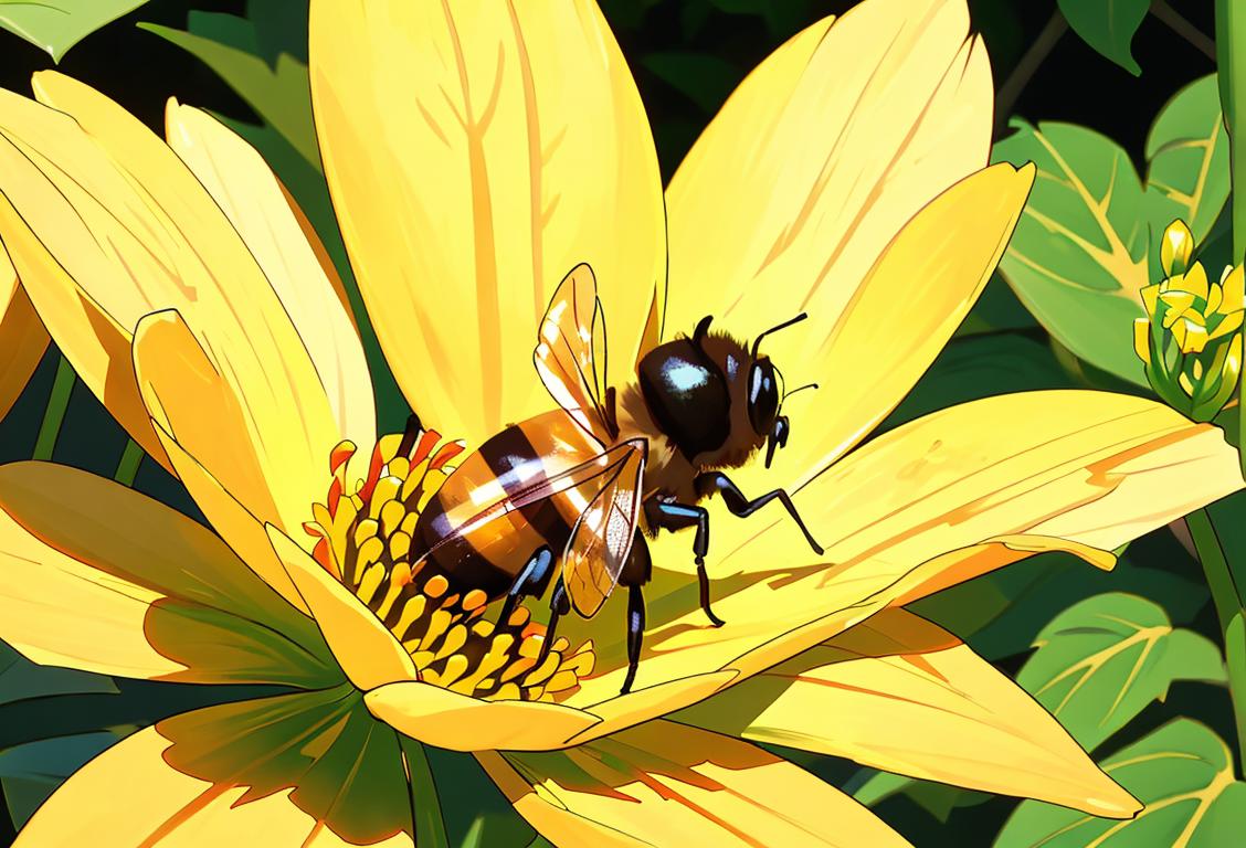 A close-up shot of a honeybee pollinating colorful flowers in a sunny garden, surrounded by lush greenery and vibrant blossoms..