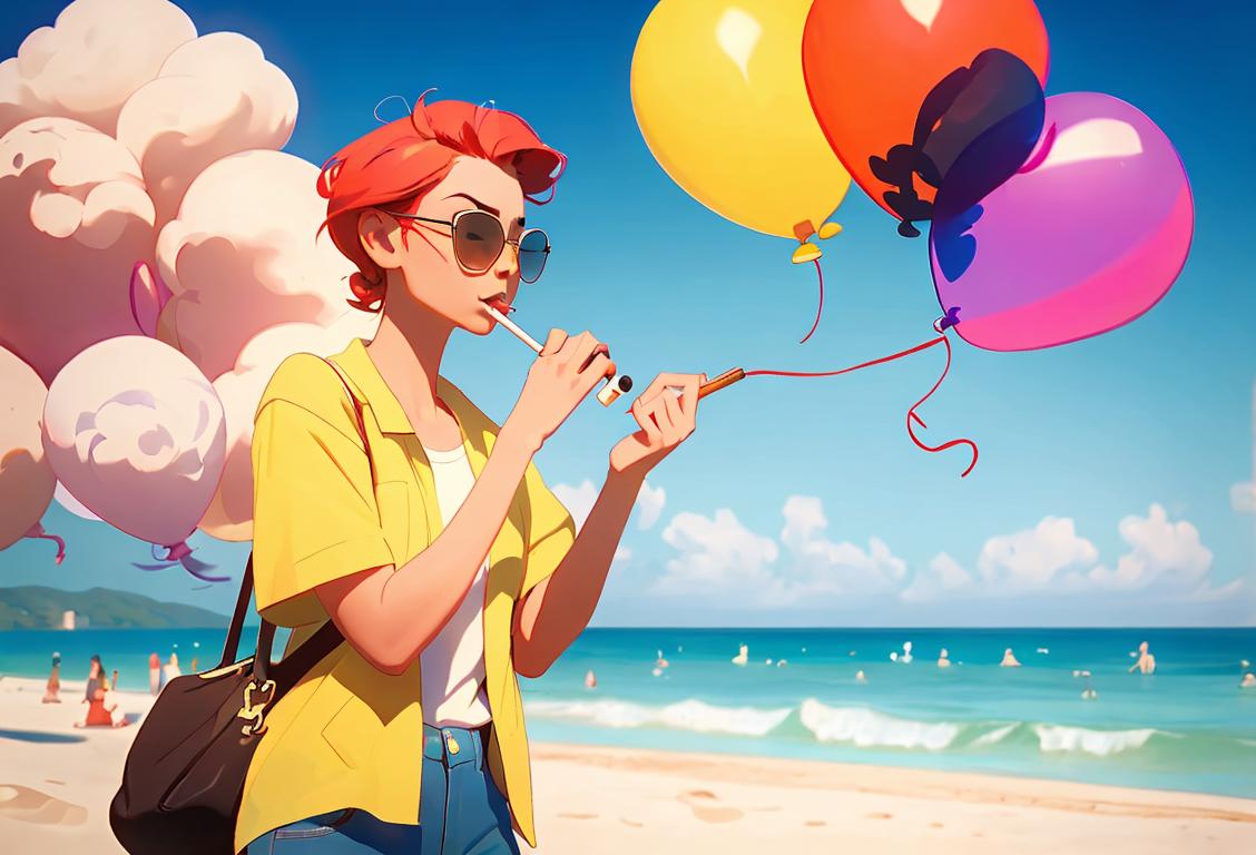 A person wearing a vacation shirt and sunglasses, blowing colorful balloons instead of smoke with a serene beach scene in the background..