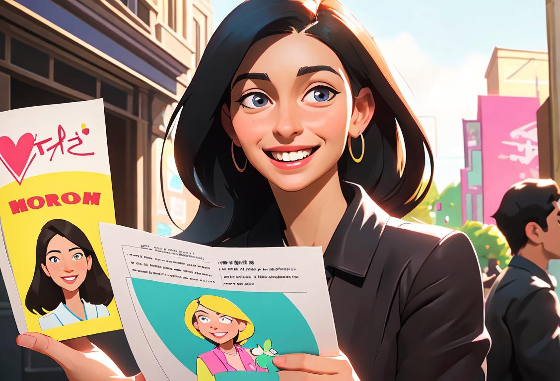 Cheerful woman smiling, holding a pamphlet, surrounded by diverse group of people, vibrant urban background..