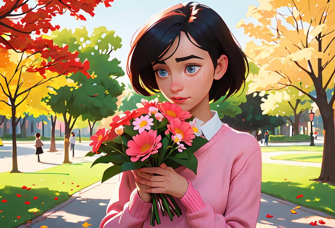A shy person holding a bouquet of flowers, wearing a cute sweater, in a park setting with falling leaves..
