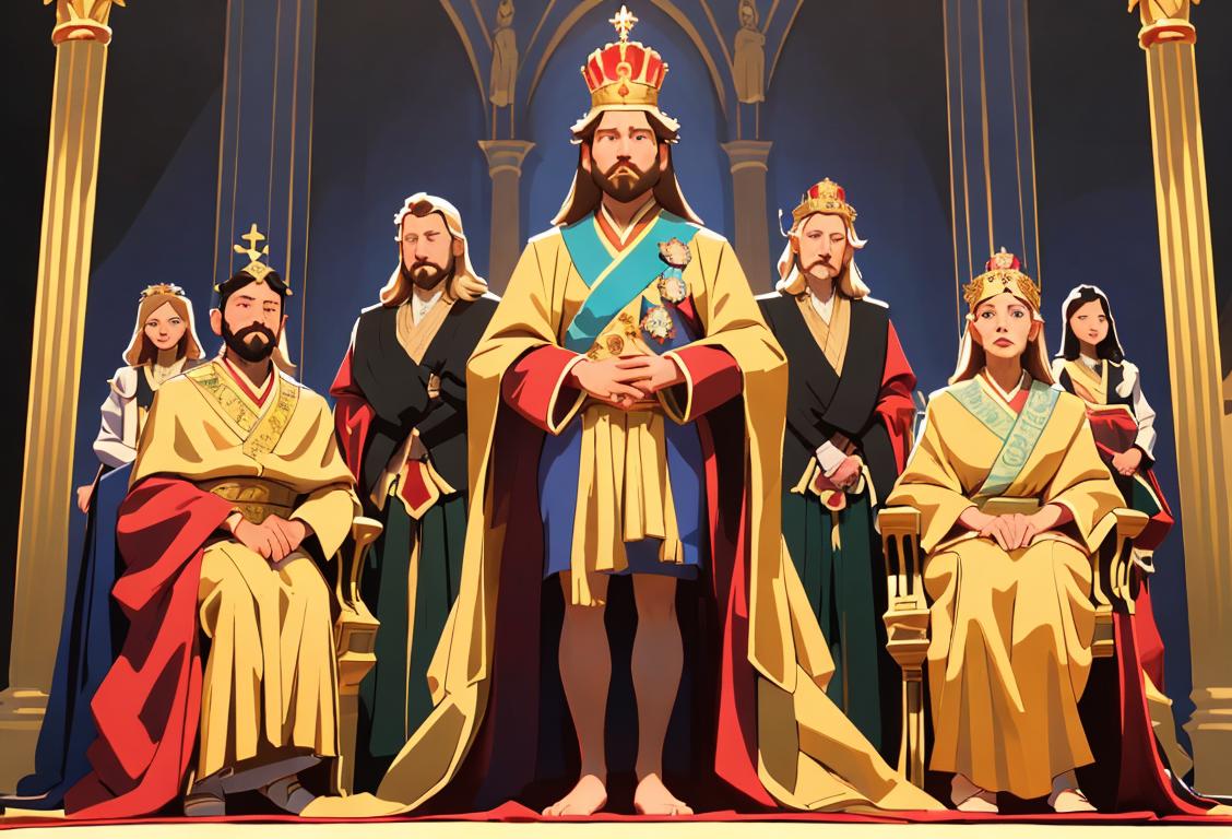 A majestic king wearing a crown, adorned in royal robes, standing in front of a castle, surrounded by loyal subjects..