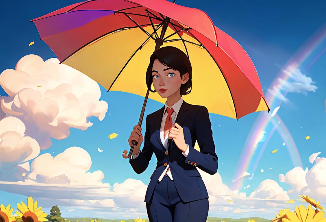 Young woman in a business suit, holding a broken umbrella, surrounded by sunny blue skies and rainbows..