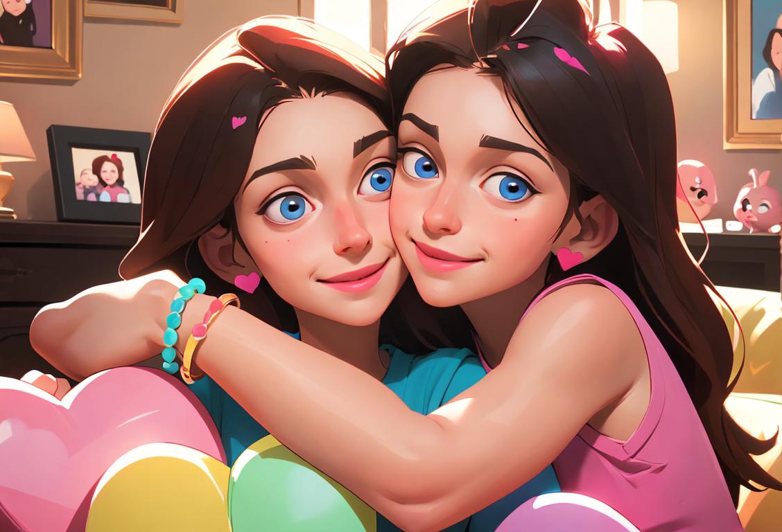 Happy hands forming a heart shape, wearing colorful bracelets, cozy living room setting with family photos in the background..