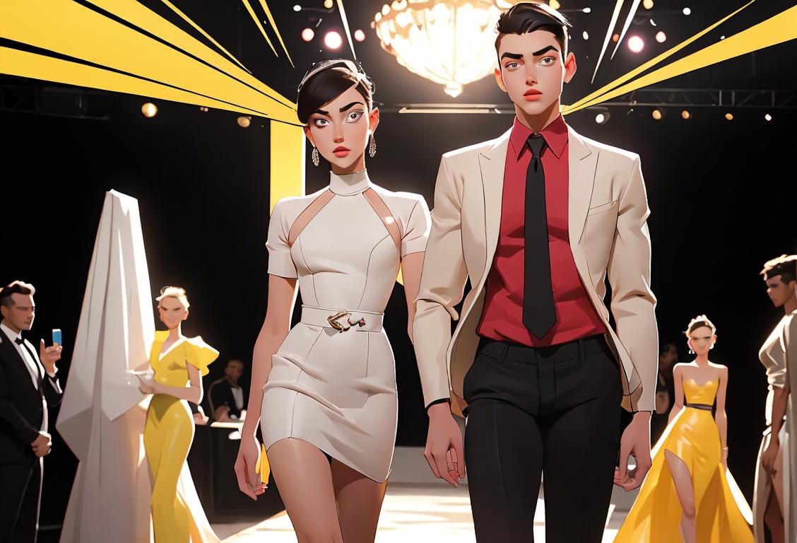 Young male and female adults striking a pose, wearing trendy fashion, dazzling lights in a glamorous runway setting..