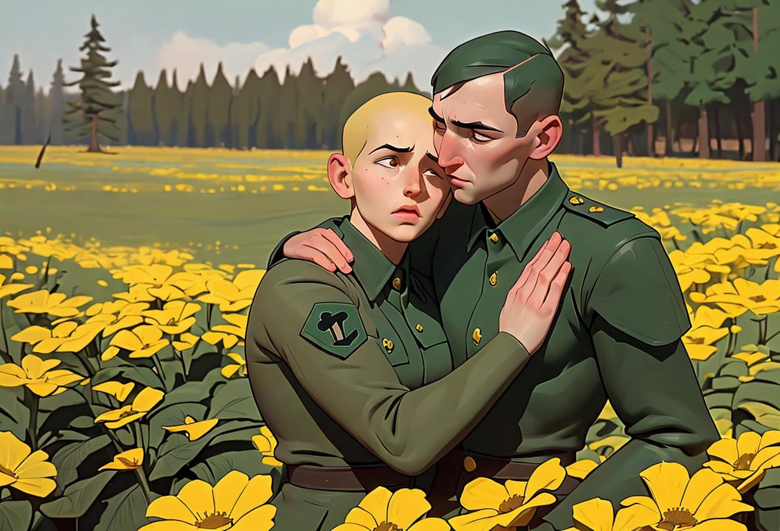A compassionate image prompt: National guardsmen embracing each other, wearing their uniforms, surrounded by a peaceful natural setting..