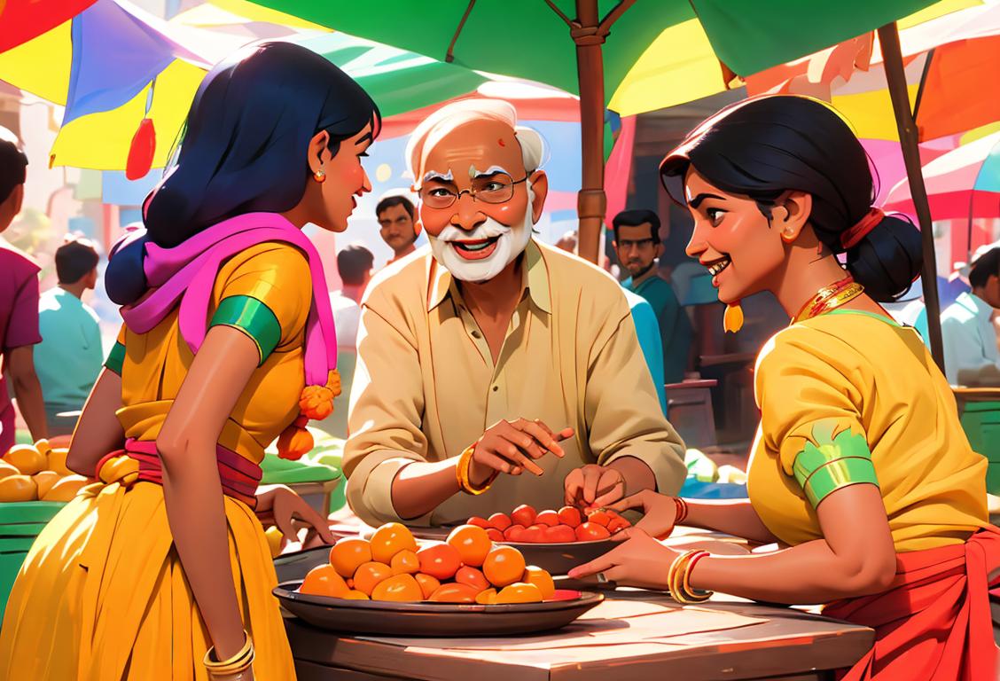 A group of people engaged in a cheerful conversation in Hindi, wearing colorful traditional attire, in a vibrant Indian marketplace..