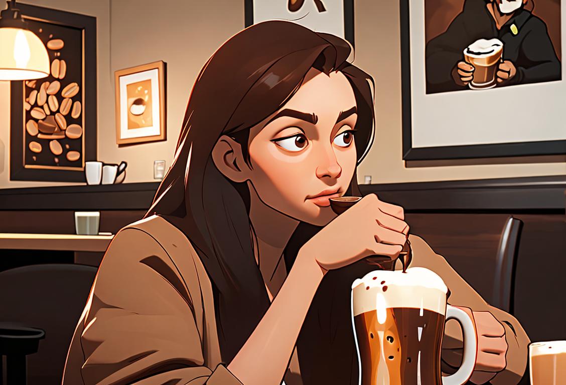 A person holding a coffee mug in one hand and a beer mug in the other, surrounded by coffee beans and hops, in a cozy cafe setting..