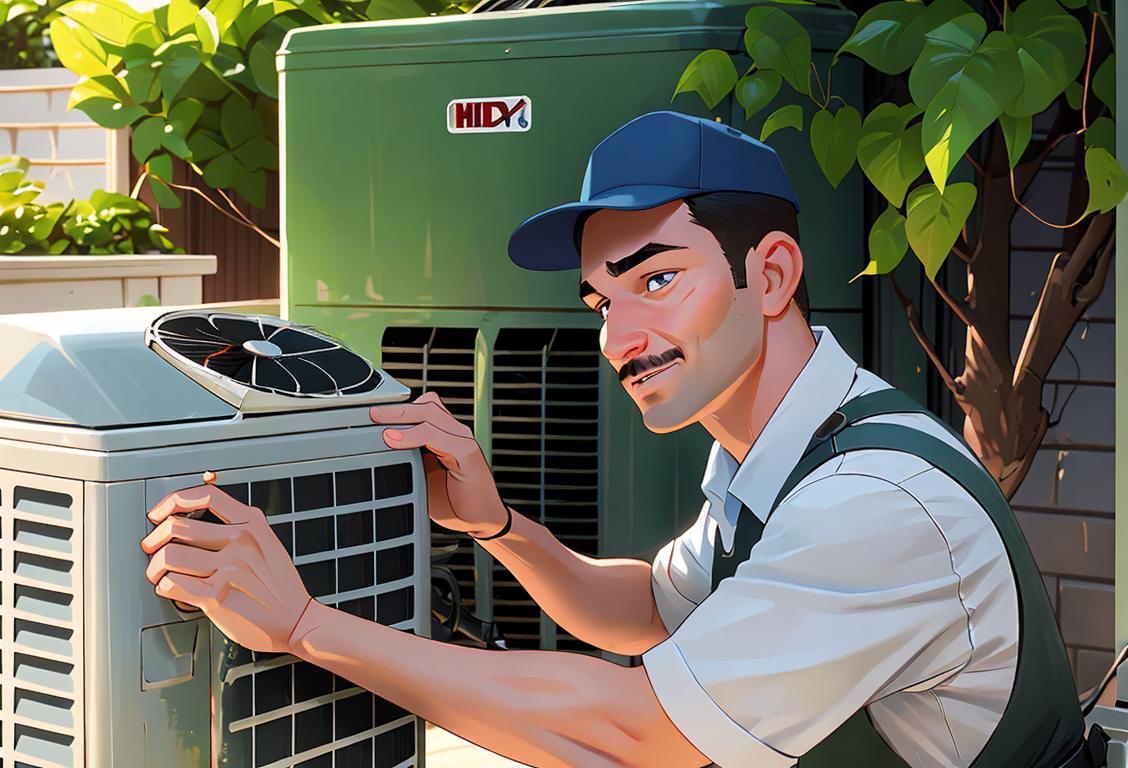 A friendly HVAC technician in a uniform, repairing an air conditioning unit, in a suburban backyard surrounded by lush greenery..