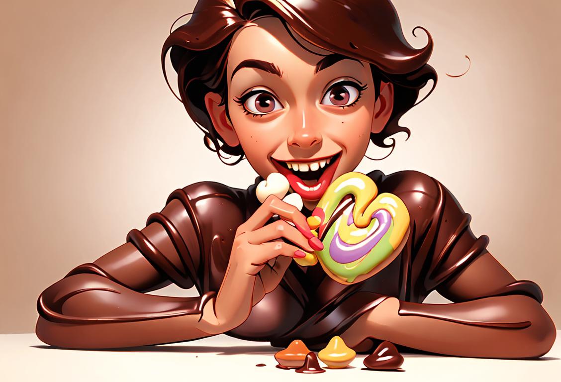 A cheerful person biting into a chocolate covered peanut, dressed in vintage clothing, surrounded by a whimsical candy land scene..