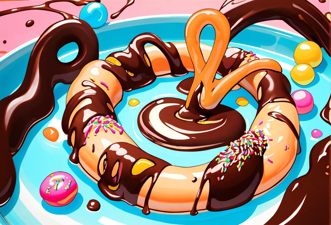 A close-up of a chocolate covered pretzel being dipped into a pool of melted chocolate, surrounded by colorful sprinkles and a fun, festive backdrop..