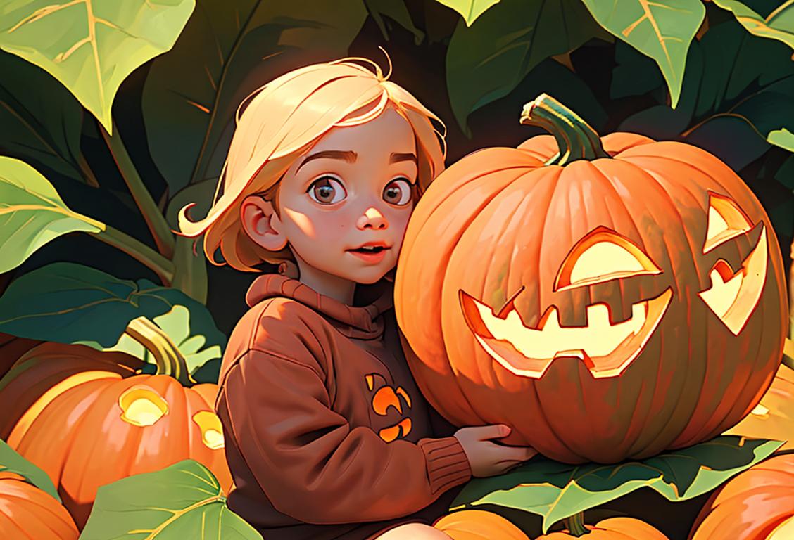 Cheerful child holding a giant pumpkin, wearing a cozy sweater, surrounded by colorful leaves in a pumpkin patch..