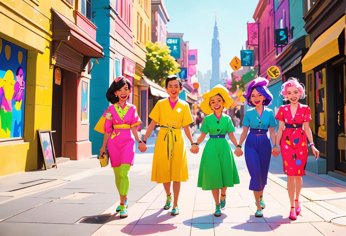 A diverse group of people with different abilities, smiling and holding hands, wearing colorful outfits, in a vibrant city setting..