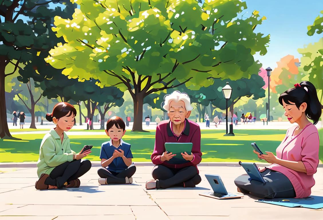 A diverse group of people, including children and seniors, using smartphones and laptops in a park, showcasing safe online practices..