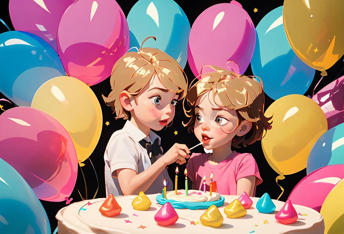 A cheerful only child blowing out candles on a mini birthday cake with glittery decorations, surrounded by a party of toys and balloons..