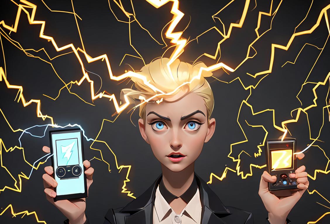 An enthusiastic person surrounded by various electrical devices, wearing a fashionable outfit, showcasing the evolution of electricity through different eras..