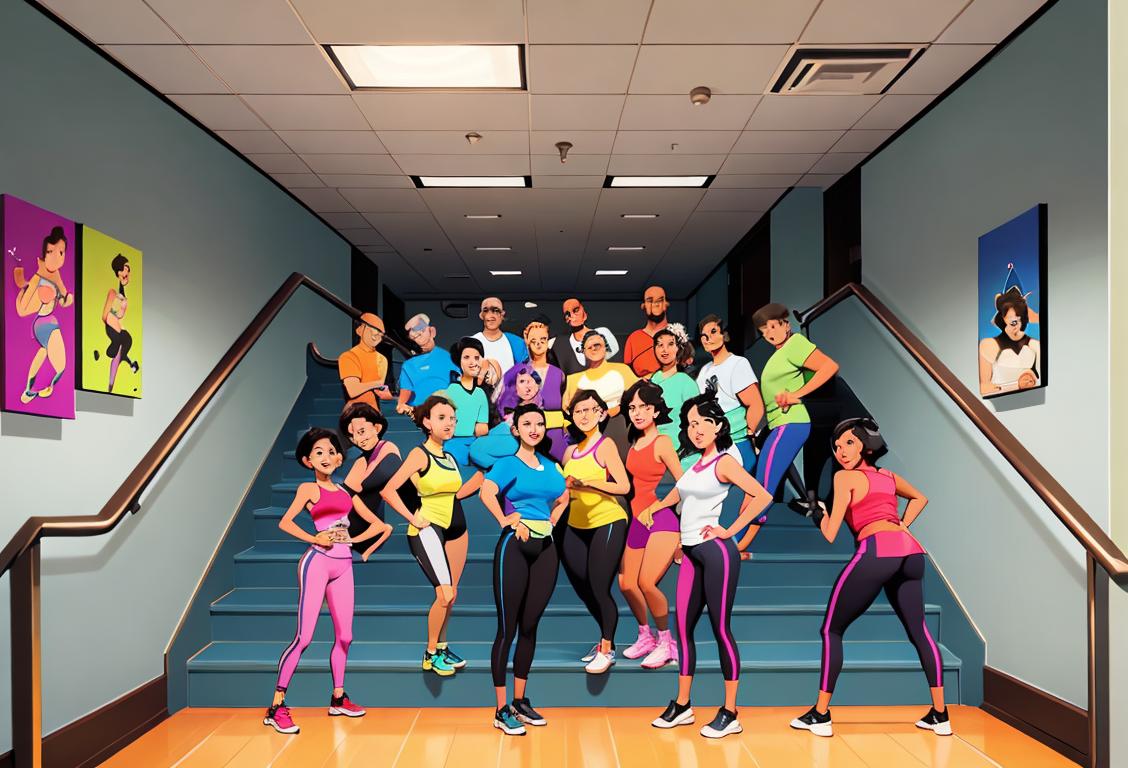 A group of diverse people taking the stairs together, with a mix of colorful workout clothing and various ages and body types, in a modern office building..