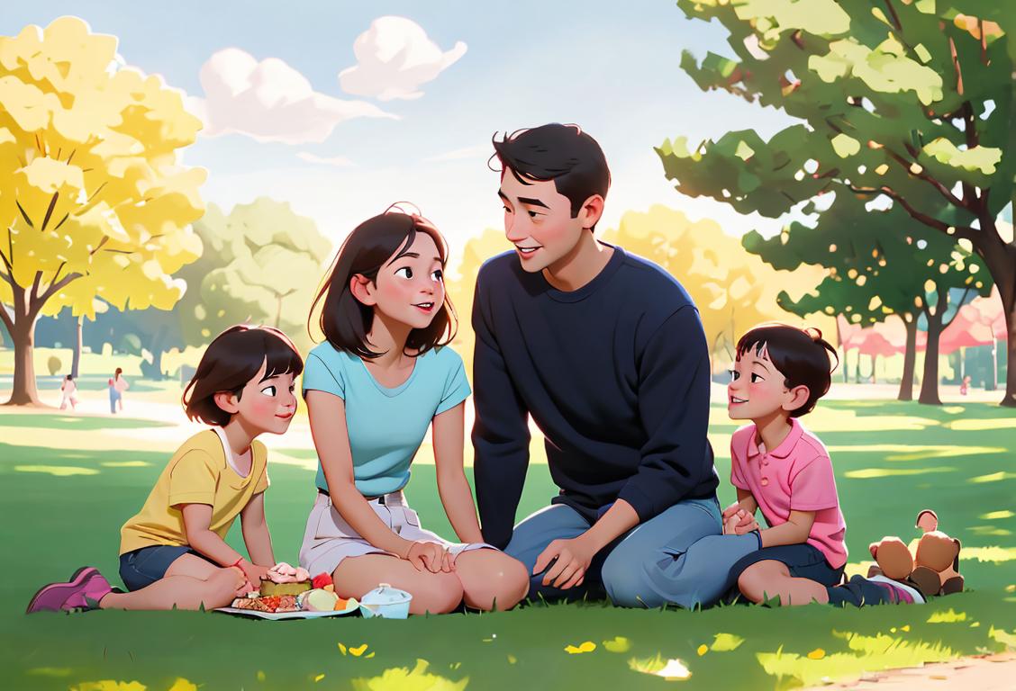 A heartwarming image of parents and children holding hands, dressed in casual attire, enjoying a picnic in a park..