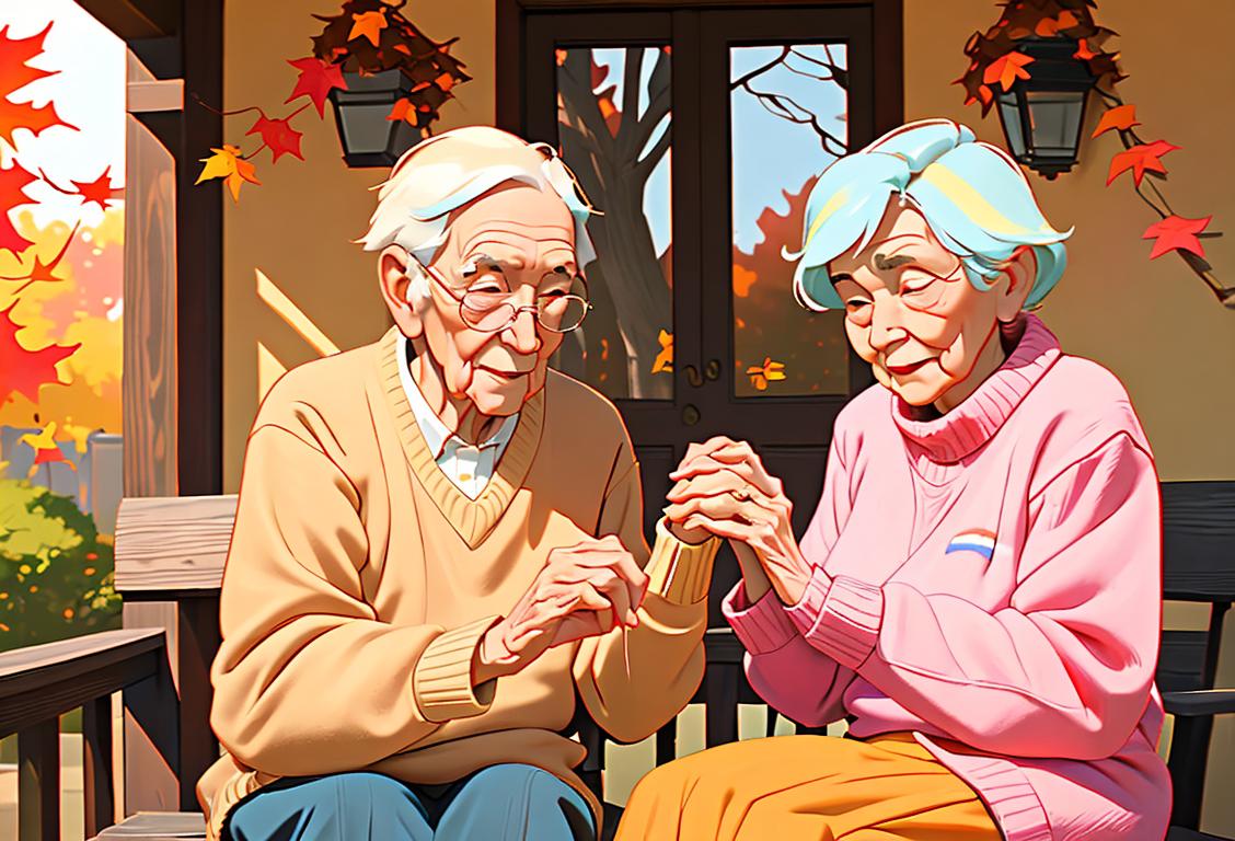 Elderly couple holding hands, dressed in cozy sweaters, sitting on a porch swing, surrounded by colorful autumn leaves..