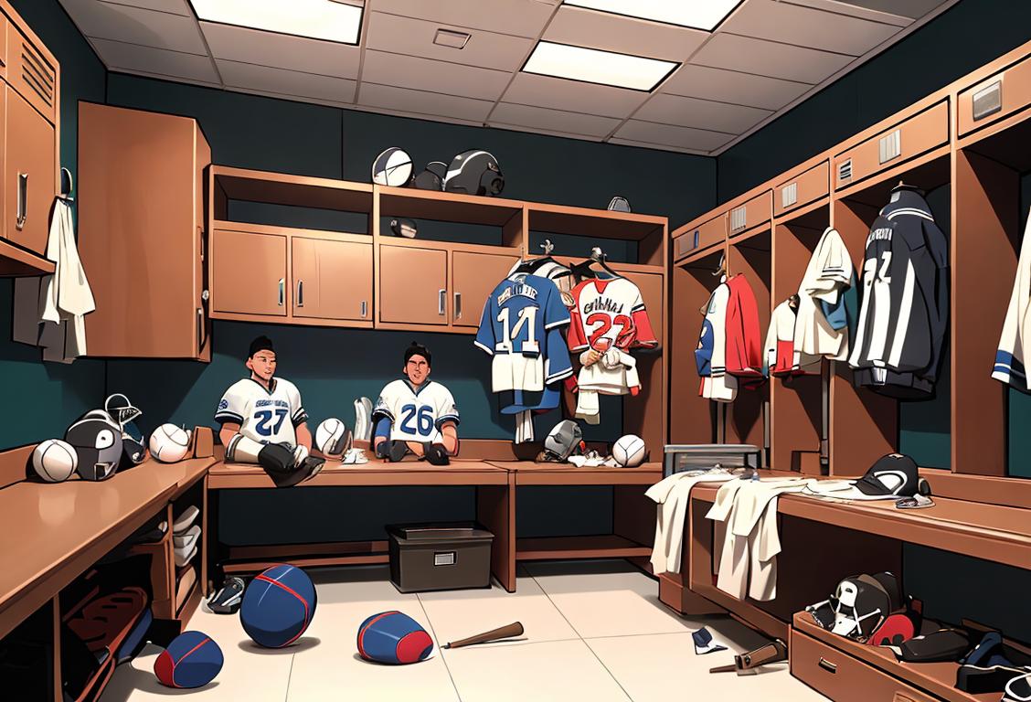 An equipment manager meticulously arranging sports equipment in a locker room, wearing a team jersey, surrounded by sports memorabilia..