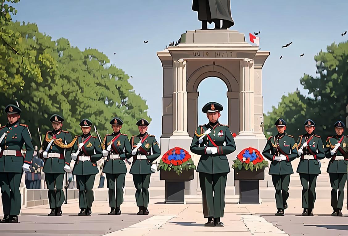 A solemn military parade at the National War Memorial, with soldiers in full uniform, holding rifles, and paying tribute to the bravery of our infantry on Infantry Day..
