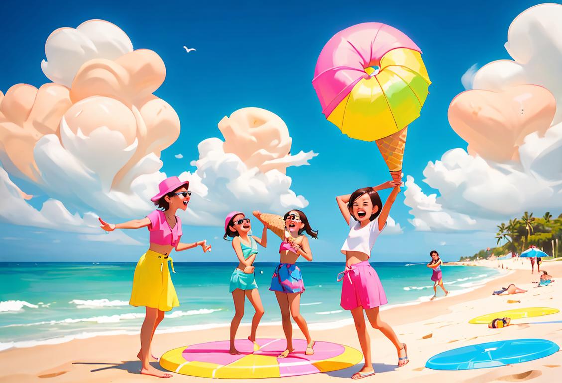 Cheerful group of friends enjoying outdoor activities on National Three Day, wearing colorful summer clothing, beach setting, frisbee, ice cream, and laughter..