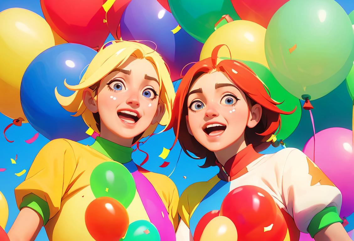 Happy people wearing colorful waa-themed outfits, jumping in a vibrant, festive parade with confetti and balloons..