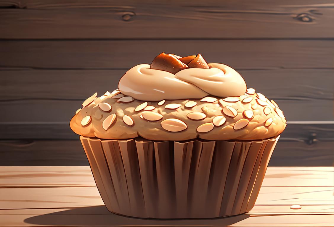 Close-up of a freshly baked oatmeal muffin, steam rising, rustic wooden background, cozy kitchen setting..