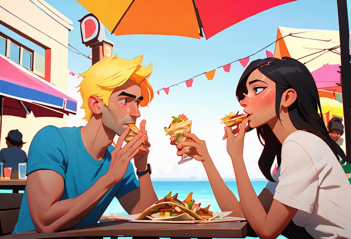 A young man and woman enjoying tacos and vodka at a trendy outdoor restaurant, dressed in vibrant summer outfits, surrounded by cheerful friends..
