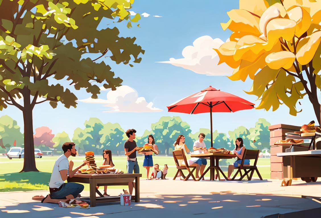 Group of friends grilling burgers and hot dogs at a park, dressed in casual summer outfits, surrounded by picnic tables and sunny blue skies..