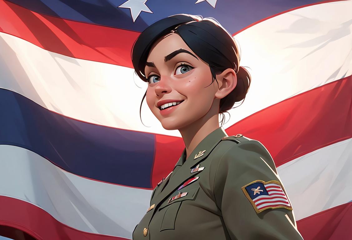 Smiling National Guard member in uniform, standing in front of an American flag backdrop, diverse group of supporters cheering in the background..