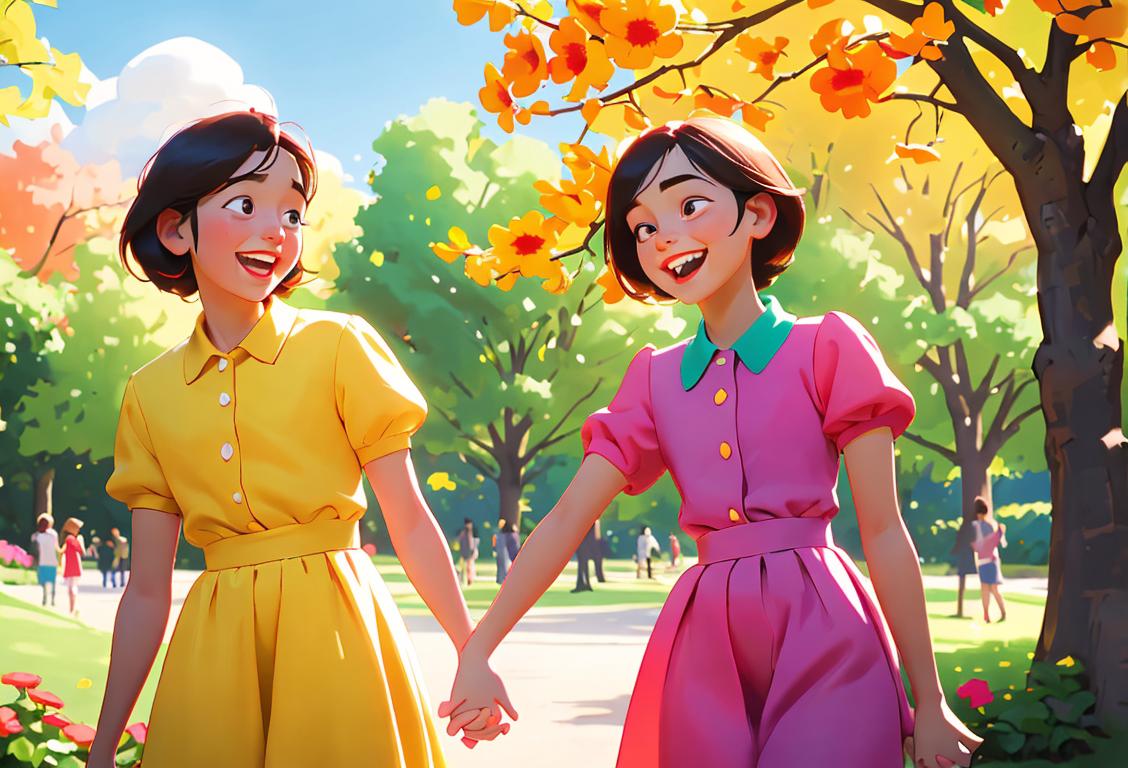 Two siblings, a brother and a sister, holding hands and laughing, wearing matching colorful outfits, in a sunny park surrounded by flowers and trees..