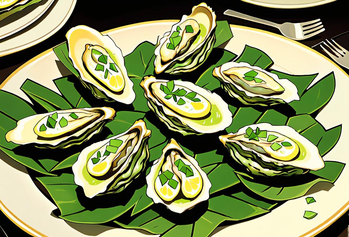 Close up of a plate of Oysters Rockefeller, garnished with fresh herbs and lemon slices, elegant dining table setting, classic fine dining atmosphere..